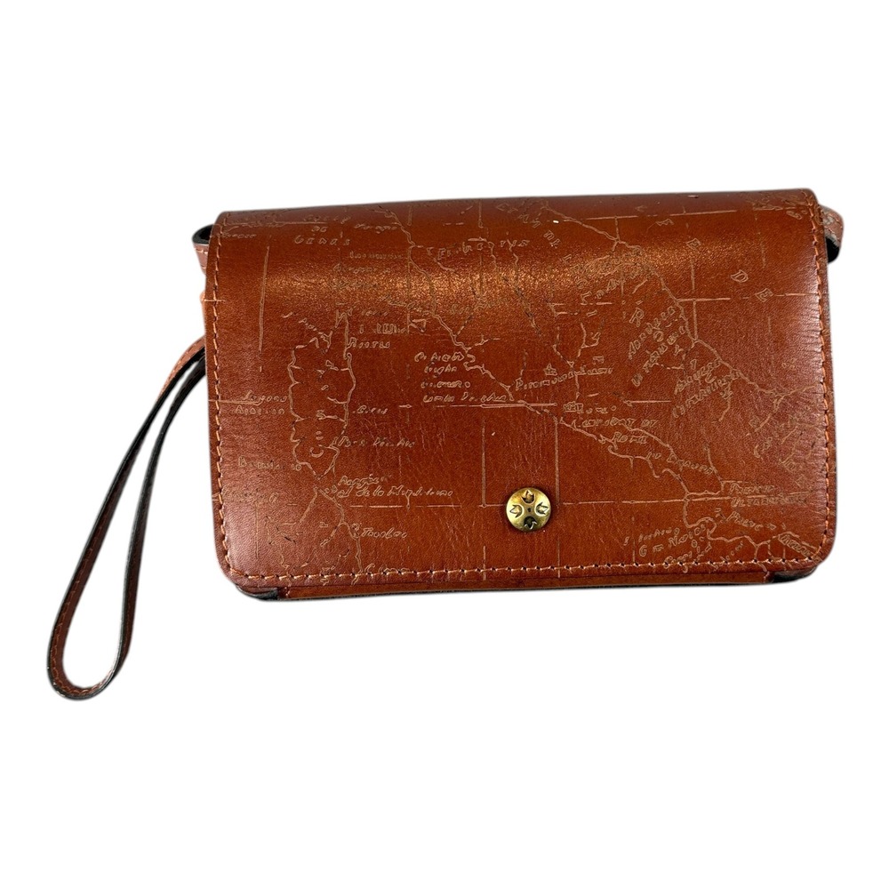 Patricia Nash Cassini Crossbody Bag Purse Cognac Etched Map Leather Wristlet
